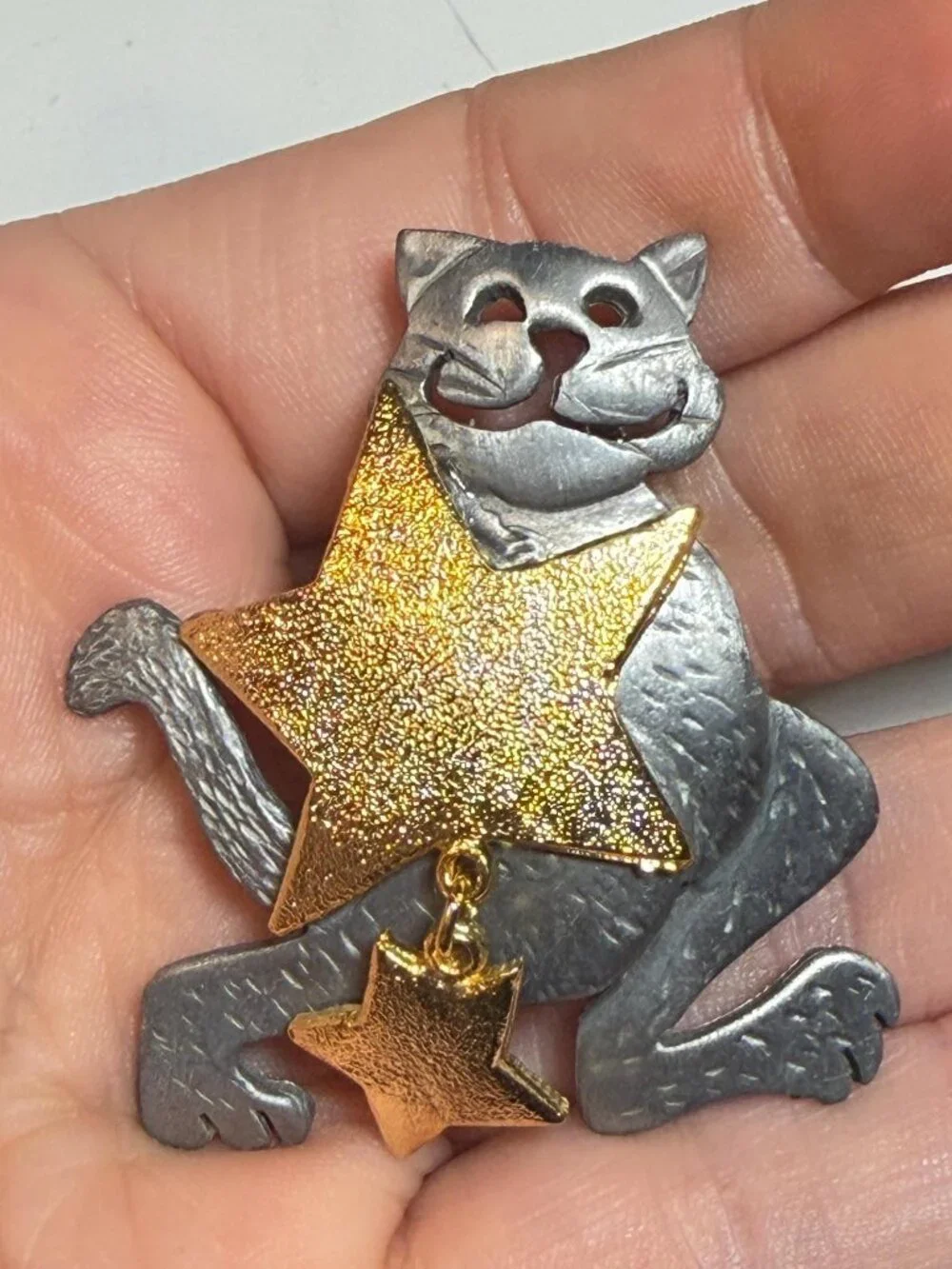 Ultra Craft Cat Brooch OOAK Upcycled Gold Star Dangle Vintage 2 inches